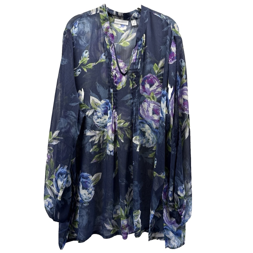 Susan Graver Womens Top Blouse 2X Purple Blue Roses Sheer Pullover Lace Trim